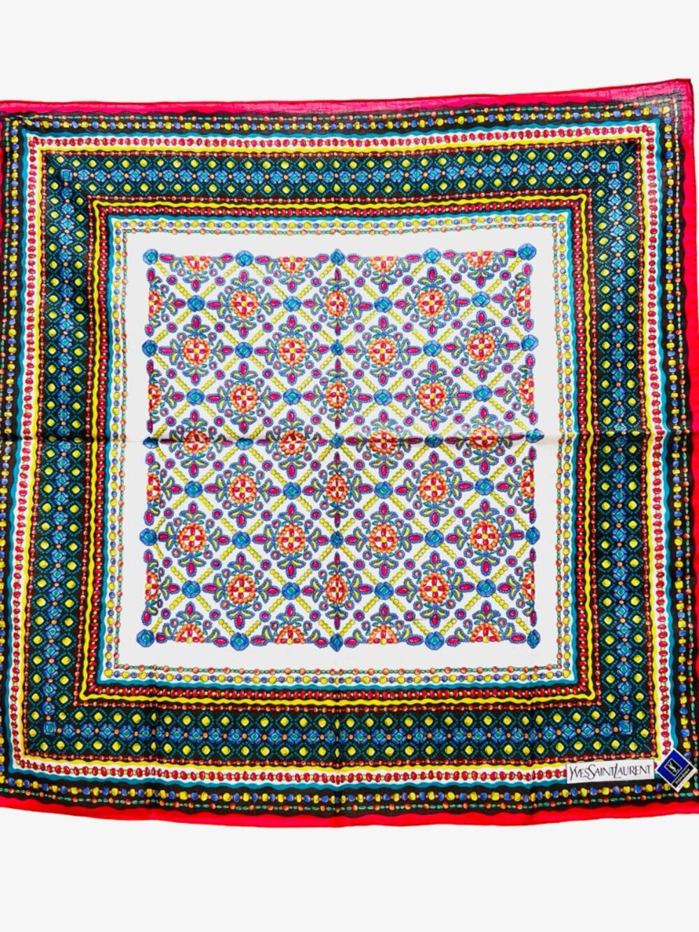 New W/Tag Yvest Saint Laurent Mini Scarf handker 20" Cotton white blue red (56) - Picture 5 of 6
